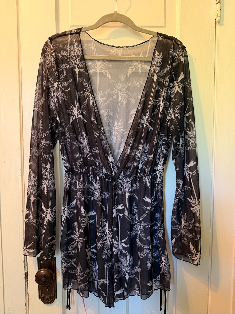 Black & White Sheer Palm Print Plunge Neck Swimwear Cover-up Jumper Shorts